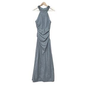 Cachet Beaded High Neck Mermaid Ruched Gray Silver Formal Prom Dress Women 6